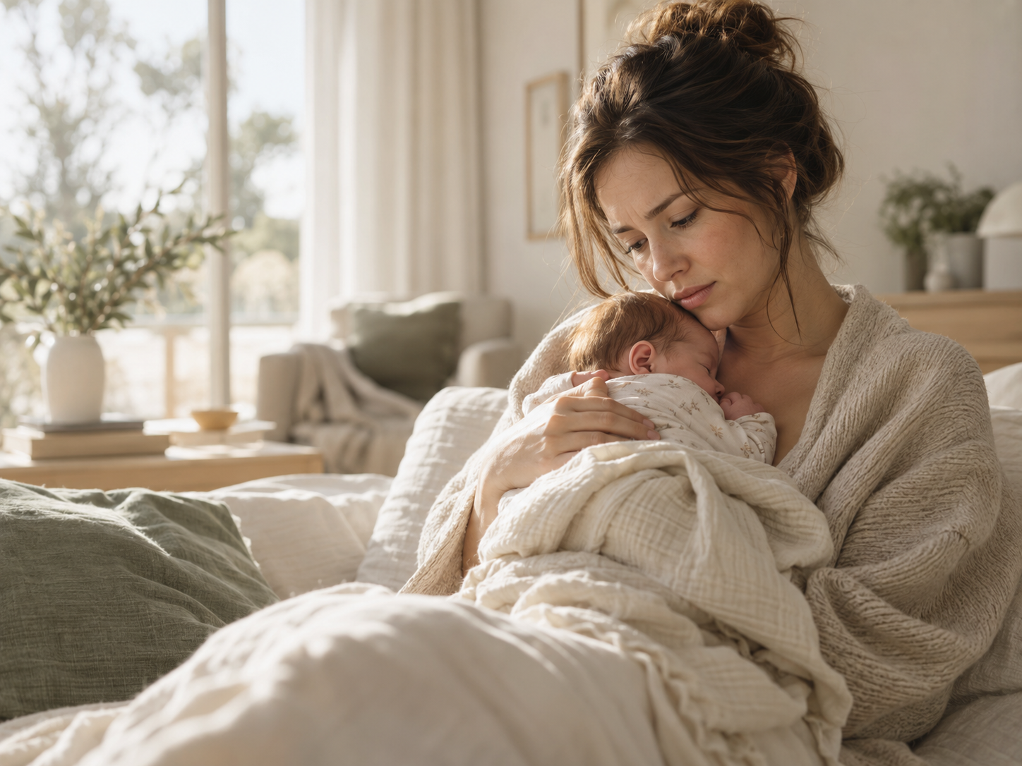 Una mamma tiene in braccio il suo neonato, a casa, con dolcezza